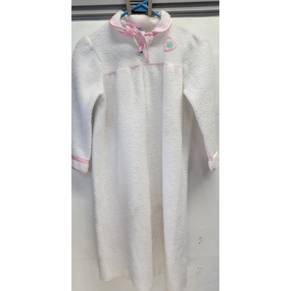 Vtg Heart Warmers Kids Fleece‎ Robe Heart Applique Zipper Sleepwear Size 7